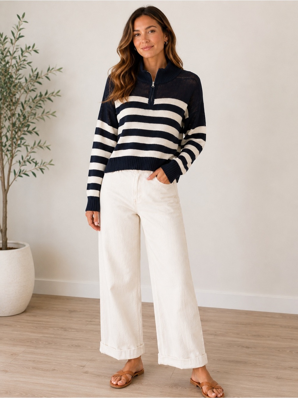Audrey Parks Open Knit Striped Quarter Zip Sweater Navy M